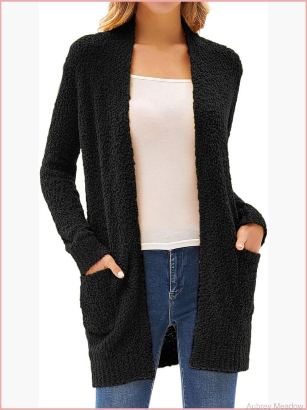 Long Cardigan Sweater Open Front Chunky Knit Fuzzy Fleece with Pockets